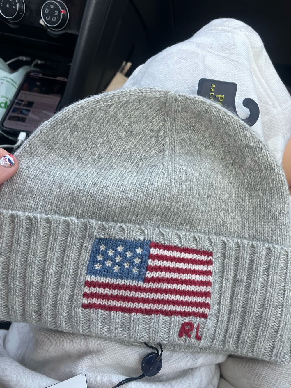 Ralph Lauren Gray Beanie with Embroidered American Flag